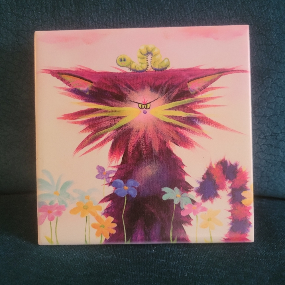 Cat Art on A Clay Tile Hand painted Colorful